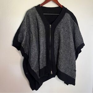 Fala Black Merino Wool Cozy Front Zip Knit Poncho Sweater